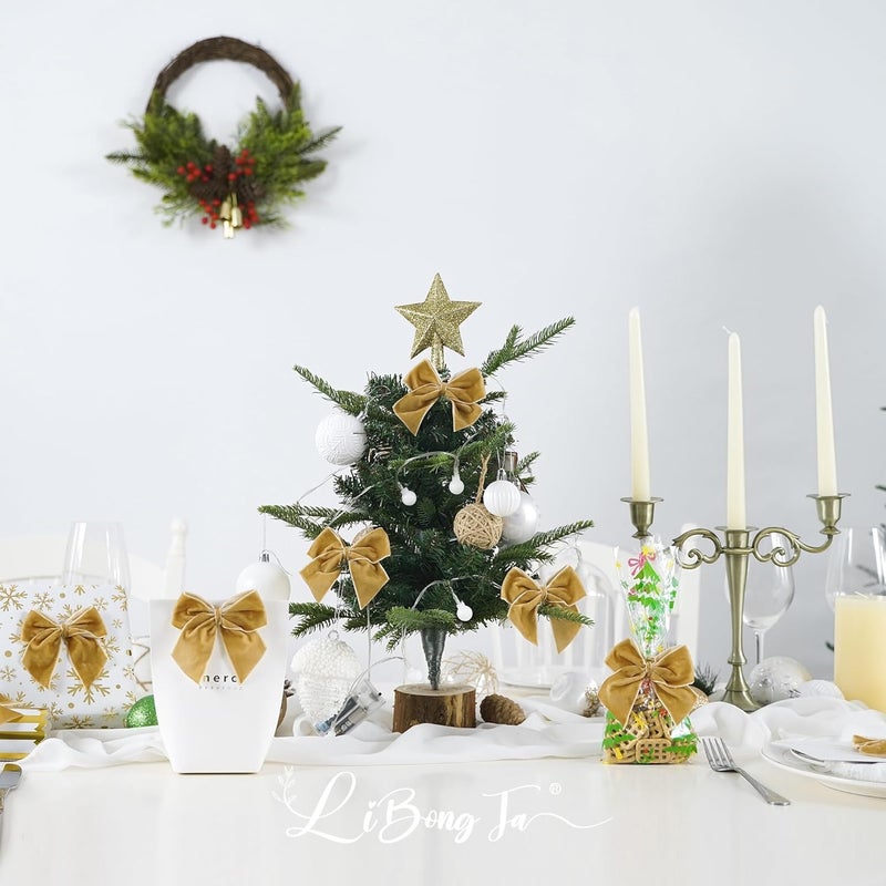 LiBongTa 3.5" Khaki Bows Small Velvet Ribbon Bow For Decoration, Self Adhesive Gift Bows, Rustic Bows For Christmas Tree, Treat Bags, Candy Pop, Basket, Party Favor, Craft Bow For Gift Wrapping-24 PCs - Image 4